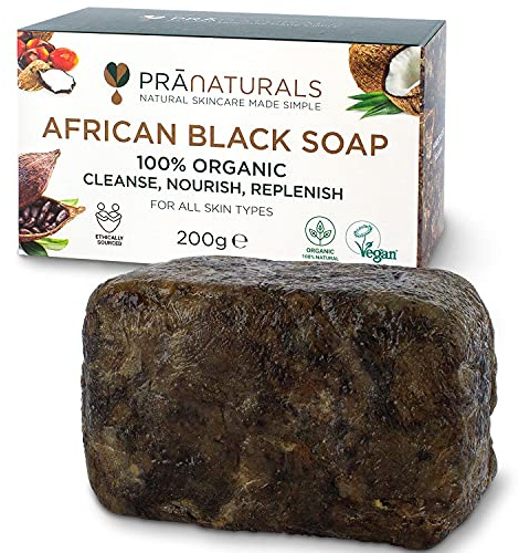 PraNaturals Organisch Afrikanische Schwarze Seife 200g, Vegan Kosmetik, Für Alle Hauttypen, Handgefertigt Im Tropischen Ghana (1x200g)