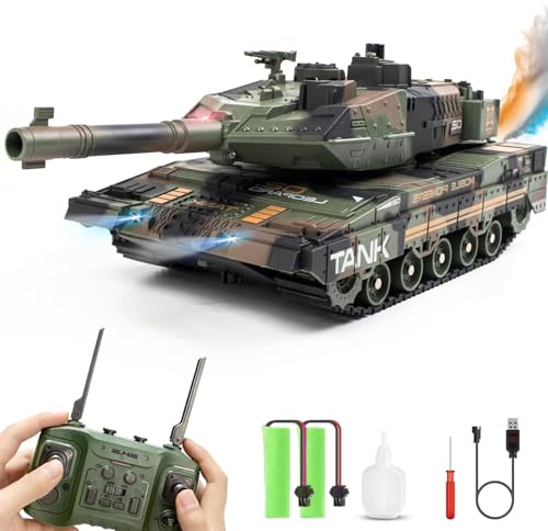 Hitish RC Panzer mit Schießfunktion für Kinder Erwachsene, 2,4G Ferngesteuerter Armee Tank Spielzeug mit Auto-Demo Sound Licht Rauch, 13-Kanal Militärfahrzeugmodell Geschenk für Jungen, Armeegrün