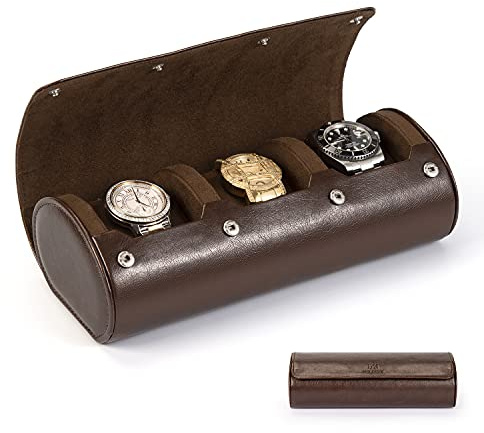 HELMDY Uhrenbox Herren, 3 Fächer Reiseetui, Uhren & Smartwatches bis 50mm | Hochwertiges Kunstleder, weiches Samtfutter, kratz- & stoßfest, praktische Uhrenrolle unterwegs, Aufbewahrung von Zeitmessern