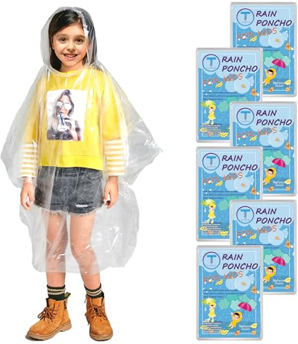 TUNCHMO 6 Stück Kinder Durchsichtig Regenponchos für Junge Mädchen - Wasserdichter Regenschutz, 50% Extra dicke Regencape mit Kapuze，Leichtgewichtiger