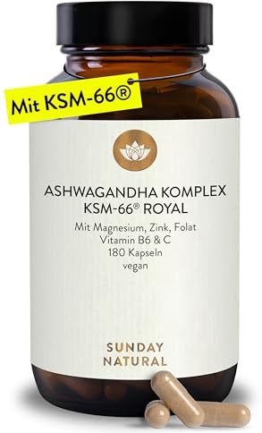 SUNDAY NATURAL® Ashwagandha Komplex KSM-66® Premiumrohstoff – 600 mg Bio Ashwagandha Kapseln je Tagesdosis - 180 Kapseln mit Magnesium, Zink & Vitamin B6 - Laborgeprüft, vegan