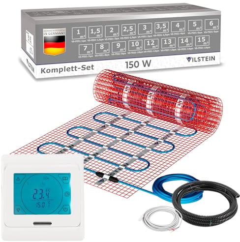VILSTEIN® Elektrische Fußbodenheizung 150W/m² – Komplettset mit Touchscreen-Thermostat – IP67 Heizmatte für Fliesen, Laminat, Parkett & mehr – Twin-Technologie – 1m² bis 15m²