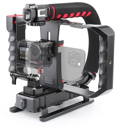 Zeadio Tripel Zubehörschuh Handheld Stabilisator mit Smartphone Video Rig, Video Aktion Handgriff Griff für Allen Kamera, Action-Kamera, DSLR und Smartphones