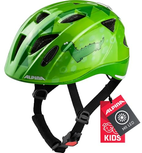 ALPINA XIMO - Leichter, Sicherer & Bruchfester Fahrradhelm Mit LED-Licht Für Kinder, Green Dino, 49-54 cm
