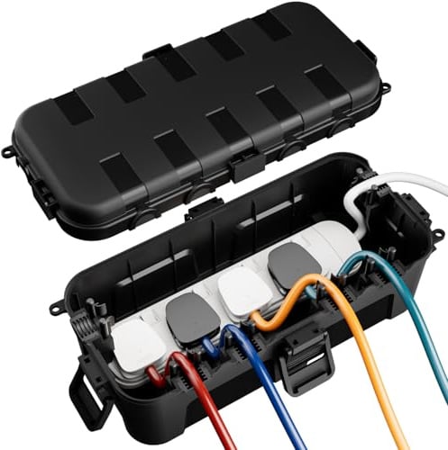 RESTMO Medium IP54 Kabelbox wasserdicht, Wetterfeste Kabelbox outdoor | Ideal zum Schutz von Verlängerungskabel Outdoor, Steckdosenleisten, Außensteckdose, Winkelsteckern (29×13,2×10cm)-Schwarz