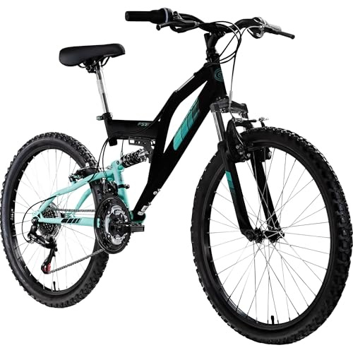 Galano FS240 Mountainbike Kinderfahrrad 24 Zoll Fahrrad 130-145 cm Fully ab 8 mit 18 Gängen Jugendfahrrad MTB (schwarz/türkis, 37 cm)