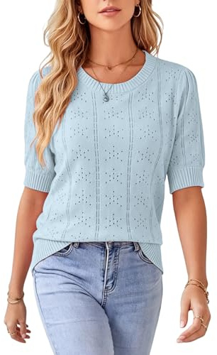 Timuspo Kurzarmpullover Damen Puffärmel Elegant Shirt Kurzarm Pullover Oberteile mit Rundhals Ausgehöhlte Lässige Casual Bluse