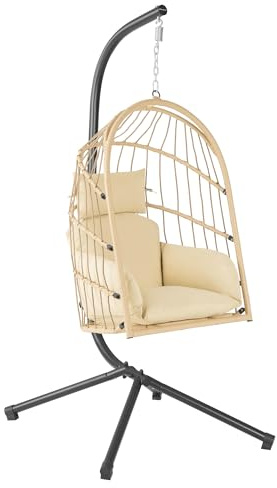 HinHocker Hängesessel mit Gestell | Creme | Hängeschaukel für Indoor und Outdoor | Inkl. Kissen und Auflagepolster | Balkon Hängesessel Outdoor, Gartenschaukel, Schaukelstuhl, Hängekorb