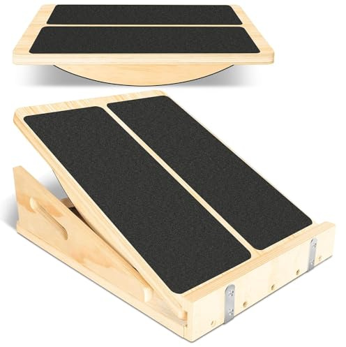 Balance Board aus Holz 2-in-1 mit Wadendehner & Schrägbrett - Rutschfestes Slant Board für Gleichgewichtstraining, Dehnung der Beinmuskeln (Schwarz, Naturholz, 46x29cm)