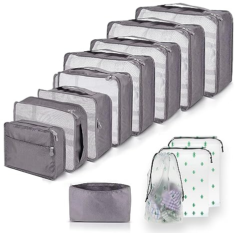 Große Koffer Organizer Set 12-teilig, Wasserdichte Packwürfel, Travel Organizer zum Gepäckpacken, Familienreisen, Aufbewahrung zu Hause Grau