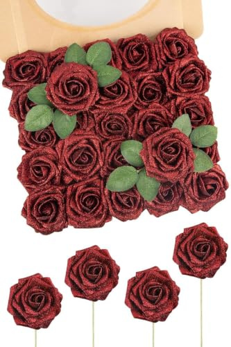 N&T NIETING Künstliche Blumen Glitter Rose, 25 Stück Rot Rosen mit Stängeln | Gefälschte Rosen mit Stängeln, Real Touch Faux Schaum, Für Hochzeit Sträuße Party Büro, Baby Dusche Home Weihnachtsdekoration