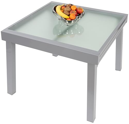 ib style Gartentisch Diplomat, Outdoor Ausziehtisch, Aluminium Esstisch, Balkonmöbel, Gartenmöbel, Tischplatte aus Sicherheits Glas, Ausziehbar, 90-180 cm, Silber