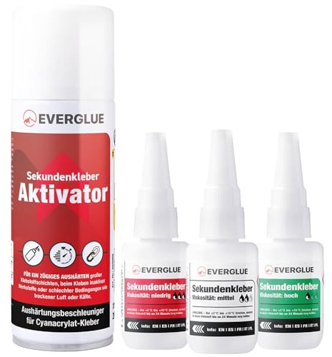 Everglue Sparset Sekundenkleber lange Haltbarkeit dünn + mittel + dick à 20g + Aktivator 200ml - Industriekleber extra stark für universelle Reparatur und Instandsetzung in Hobby Beruf und Haushalt