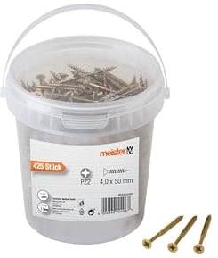 Meister Universalschrauben 4,0 x 50 mm - 425 Stück im Set - Senkkopf - PZ Pozidriv-Antrieb - Teilgewinde - Gelb verzinkt / Schrauben-Set / Schrauben-Eimer / 904060