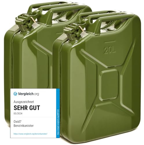 Oxid7® by BW Benzinkanister Metall 2x 20 Liter - Kraftstoffkanister Olivgrün RAL 6003 - TÜV-geprüft, UN-zertifiziert - 0,9mm Stahl DIN 7274 - Für Benzin, Diesel, E10, 2-Takt - Made in Europe