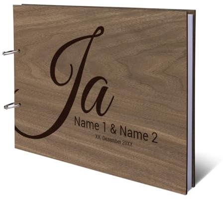 Personalisiertes Hochzeit Gästebuch Nussbaum Holz Gravur individuell Holzcover mit 72 Blatt | 144 Naturpapier Innenseiten DIN A4 quer 302 x 215 mm - Ja