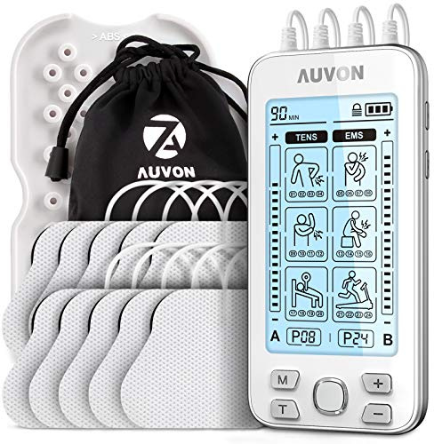 AUVON 4 Kanäle TENS Gerät EMS Trainingsgerät für Schmerzlinderung Therapie mit 24 Modi Elektro Massagegerät, 10 Stücke 2x 2 Premium Elektroden-Pads mit patentiertem Design (weiß)