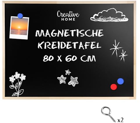 Creative Home Magnettafel Schwarz Kreidetafel Magnetisch 80 × 60 cm (+-2 cm) | Tafel mit Kiefernholzrahmen | Schreibtafel Für Zuhause, Büro, Schule | Hergestellt in der EU | 2 Haken zum Aufhängen