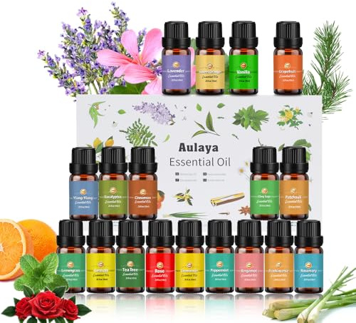 Ätherische Öle Set 18 x 10 ml, Teebaum, Lavendel, Eukalyptus, Weihrauch, Zitronengras, Rosmarin, Orange, Minze, Zitrone, Bergamotte, Ylang-Ylang, Grapefruit,Kamille, Rose, Vanille, Patchouli (Orange)
