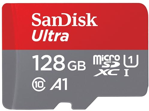 SanDisk Ultra Android microSDXC UHS-I Speicherkarte 128 GB + Adapter (Für Smartphones und Tablets, A1, Class 10, U1, Full HD-Videos, bis zu 140 MB/s Lesegeschwindigkeit) single Pack