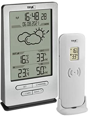 TFA Dostmann Funk Wetterstation Xena, 35.1162.54, mit Außensensor, Innen und Außentemperatur messen, mit Wettervorhersage, inkl Funkuhr, Luftfeuchtigkeit, batteriebetrieben, silber