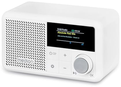 MEDION S66822 Tragbares Mini DAB+ Radio mit Bluetooth (Akku mit bis zu 6,5 Stunden, klein, dimmbares Farbdisplay, Teleskopantenne, Sleeptimer, Wecker, Snooze, AUX, USB-C) weiß