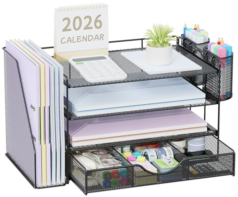 Pygocereri Schreibtisch Organizer mit Aktenhalter, 4 Ebenen Büro Organizer mit Schublade und 2 Stifthaltern, Mesh Papierablage mit Zeitschriftenhalter, Schreibtisch Ablage für Bürobedarf (Schwarz)