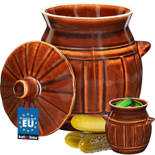 KOTARBAU® Sauerkrauttopf 2,7 Liter, Steinzeug Gärtopf, Rumtopf mit Deckel | Gärbehälter für Sauerkraut & Gurken, Steintopf zum Einlegen von Obst, Gärfass, Kimchi Topf zum Fermentieren, Braun