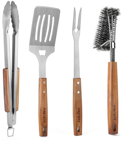 onlyfire Grillbesteck Set 4-TLG, Grill Zubehör Set Enthält Grillzange, Grillwender, Fleischgabel und Grillbürste mit Extra-Langen Holzgriffen & Aufhänge-Ösen, Grillzubehör aus Edelstahl & Akazienholz