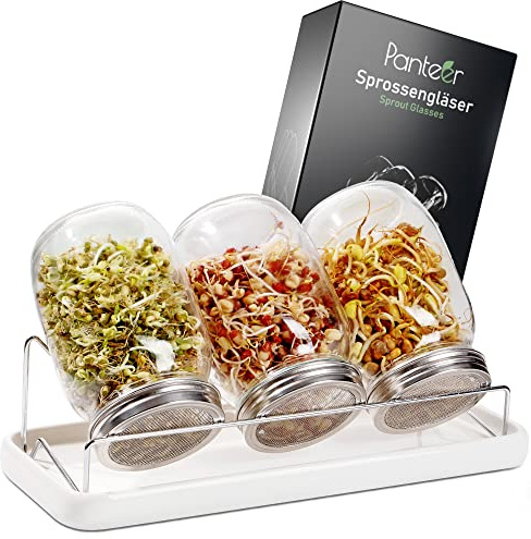Panteer ® Sprossenglas Keimglas 940ml mit Premium Edelstahl Deckel & Sieb (Typ 316) - Mit Keramikschale und Metallhalterung - Keimglas für Sprossen & Sprossenzucht (3)