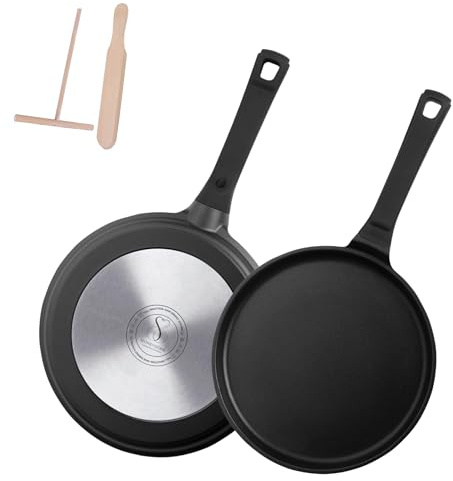 Stone&Stone Crêpespfanne 26cm – Pfannkuchenpfanne Antihaft, Induktion & Gas geeignet, Spülmaschinenfest – inkl. Crepes Verteiler & Holzspatel, Bratpfanne für dünne Pfannkuchen