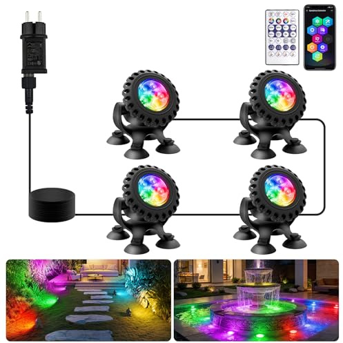 NATPOW Bluetooth APP Teichbeleuchtung LED Unterwasser, Unterwasserbeleuchtung RGB Teichlicht mit Fernbedienung, IP68 wasserdicht, Farbwechsel Gartenbeleuchtung für Garten, Patio, Baum(4 in 1)