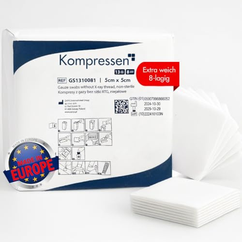 Mullkompressen 5x5cm unsteril – 100 Stück | Wundkompressen aus Baumwolle für Zuhause, Pflege & Klinik | 5x5 als Wundauflage für Abdeckung & tägliche Wundversorgung kompressen (5x5 cm)