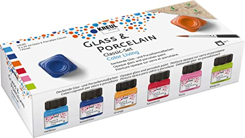 KREUL 16604 - Glass & Porcelain Classic Set Color Living, 6 x 20 ml Farbe und ein Pinsel, fröhliche und brillante Glas- und Porzellanmalfarben auf Wasserbasis
