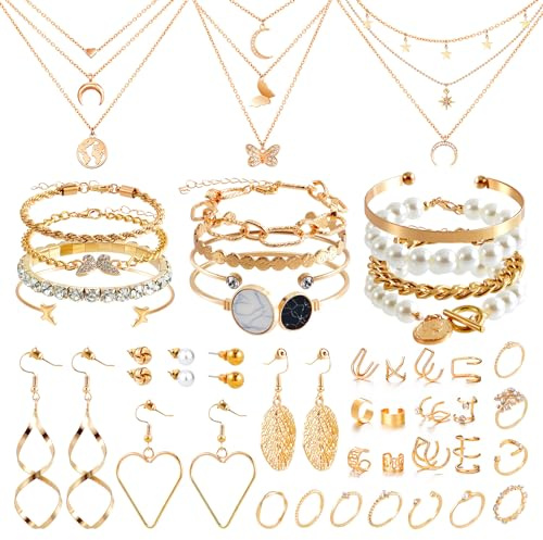 QBilooty 43 Stück Gold Schmuckset für Mädchen und Damen, mit 3 Halsketten, 12 Armbändern, 10 Ringen, 6 Paar Ohrringen, 12 Ear Cuff Ohrklemme Ohrringe, Ideal für Valentinstag, Geburtstag und Muttertag