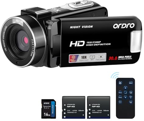 ORDRO B320 Videokamera Camcorder 1080P, 18X Zoom Vlog Kamera, Nachtsicht Kamera, 270° Drehbares HD-Display für Vlogging, YouTube und Videoaufnahmen​
