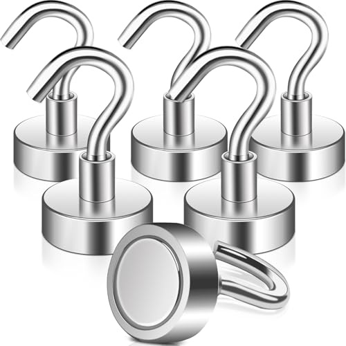 Keukenket Magnethaken Extra Stark 15kg,20mm Neodym Magnete mit Haken, Magnetic Hooks Stanzfrei Magnethacken Silber Hakenmagnete,6 Stücke Starke Magnethaken Küche für Grill Camping Schließfächer Büro