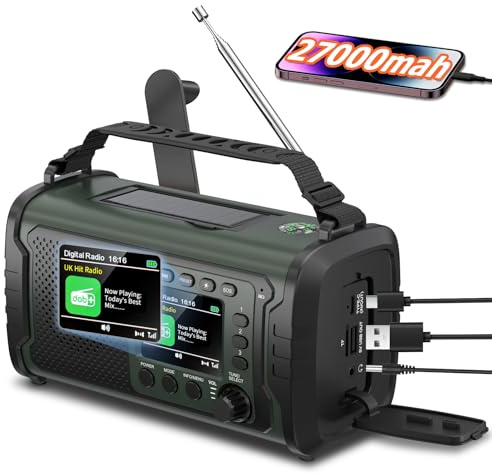 27000mAh DAB/DAB+ Notfallradio mit Kurbel, Solar & USB Laden, Bluetooth 5.3, Powerbank-Funktion, SOS Signal, Heller Taschenlampe, Leselampe, Kompass, TF-Karte und robustem Outdoor-Design, Armeegrün