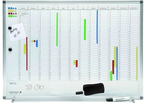 GENIE AP2000 Jahreskalender & Jahresplaner Magnettafel | Whiteboard Kalender für Termine & Urlaub | Planungstafel mit Magneten | Wandplaner mit Aluminiumrahmen 56 x 77 cm | Übersichtlich planen