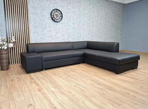 Quattro Meble Schwarzes Echtleder Ecksofa London II 275 x 220 Sofa Couch mit Bettfunktion und Bettkasten Echt Leder