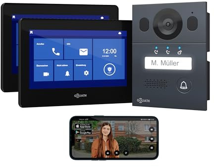 Goliath Basic Video Türsprechanlage, 2 Draht Bus, 2X 7 Zoll Monitor, Aufputz Türklingel mit Kamera, Gegensprechanlage mit Türöffner und Klingel, 1 Familienhaus, Plug & Play, Smartphone App