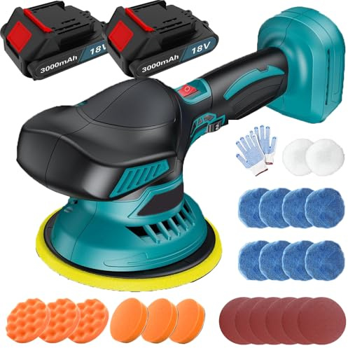 Akku Poliermaschine, Auto Poliermaschine Kompatibel mit Makita 18V Batterie, Exzenter Poliermaschine mit 2 3.0Ah Batterie, Akku Wachsmaschine für Autodetailing, Autoreinigung und Polieren von Auto