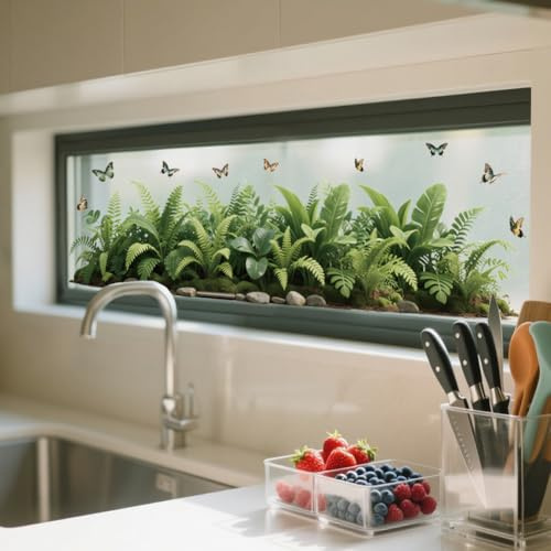 ANATTASOUL Fensterbilder Doppelseitig Realistische Pflanzen mit Schmetterlingen Fensterdeko Wiederverwendbar Fenstersticker Blickdichter Fenster Aufkleber Deko für Wohnzimmer Badezimmer