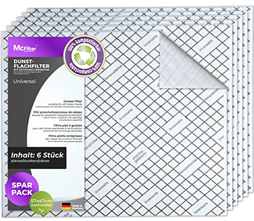 McFilter I 6 Flachfilter kompostierbar mit Sättigungs-Indikator für Dunstabzugshaube, zuschneidbar universal 57 x 47cm, Filter Abzugshaube Dunstabzug