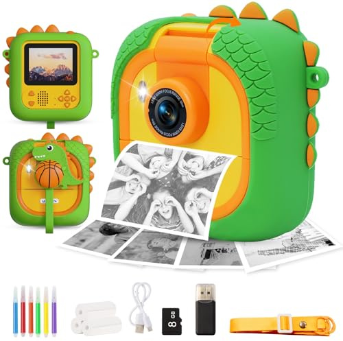 ARNSSIEN Sofortbildkamera Kinder mit 180°-Klappobjektiv, 2,4 1080P Kinderkamera mit 3 Druckpapier, für Kinder von 3–12 Jahren,Weihnachts Geburtstagsgeschenk für Jungen & Mädchen, M2 (Grün Dino)
