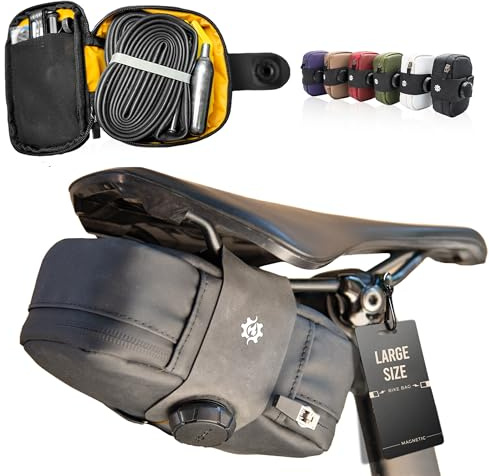 Lumiere & Co. Falcon Magnetische Satteltasche – 0,69 l | 15 cm x 9 cm x 5 cm | Schlankes, minimalistisches Design, schnelle Befestigung mit Magnetverschluss | Fahrradtasche (Schwarz, Groß)