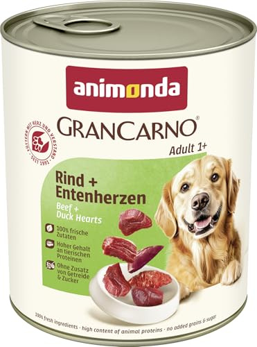 animonda GranCarno Hunde Nassfutter mit Rind + Entenherzen (6 x 800 g), getreidefreies Hundenassfutter ohne Zucker, für ausgewachsene Hunde, mit frischen fleischigen Zutaten