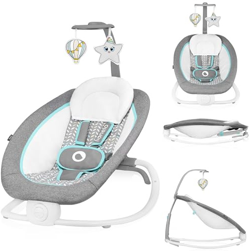 LIONELO Pascal Baby Wippe, sanfte Vibrationen, 5 Melodien | Spielzeugkarussell mit interaktiven Plüschtieren, Kopfkissen, verstellbare Rückenlehne, Energiesparsystem