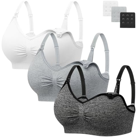 HBselect Nahtloser Schwangerschafts Still BH mit extra BH-Verlängerungen | 3er Set Still-BHs ohne Bügel, viele Farben & Größen wählbar, mit Stillverschluss für werdende und stillende Mütter