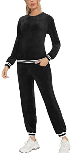 Enjoyoself Damen Nicki Hausanzug Samtweich 2 Teilig Velours Freizeitanzug mit Paillette Bündchen Rundhals Langarm Pullover+Gummizug Hose mit Tasche